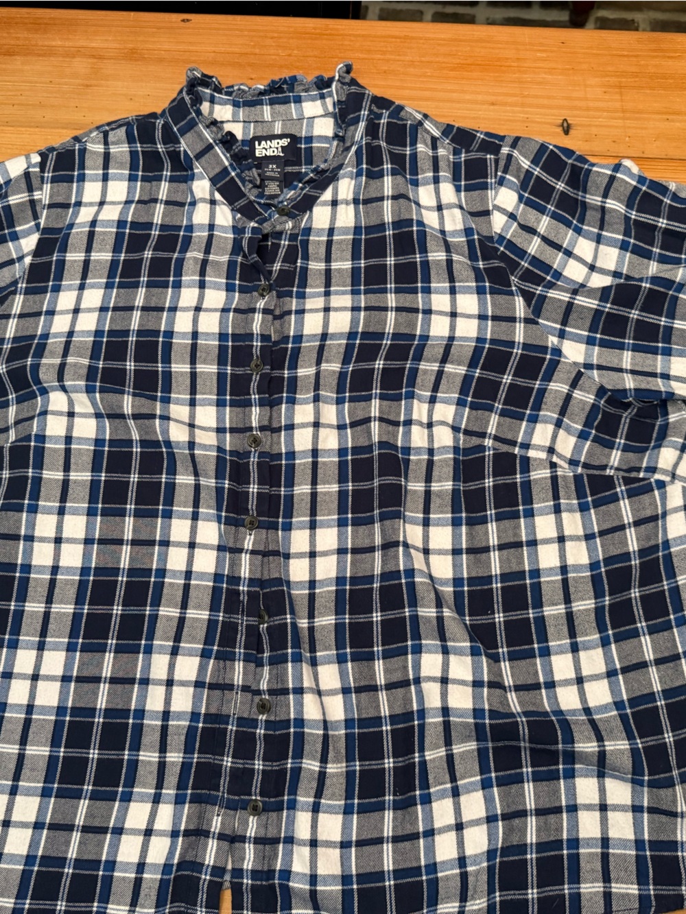 Lands' End Navy, White and Gray Plaid Button-Up Blouse